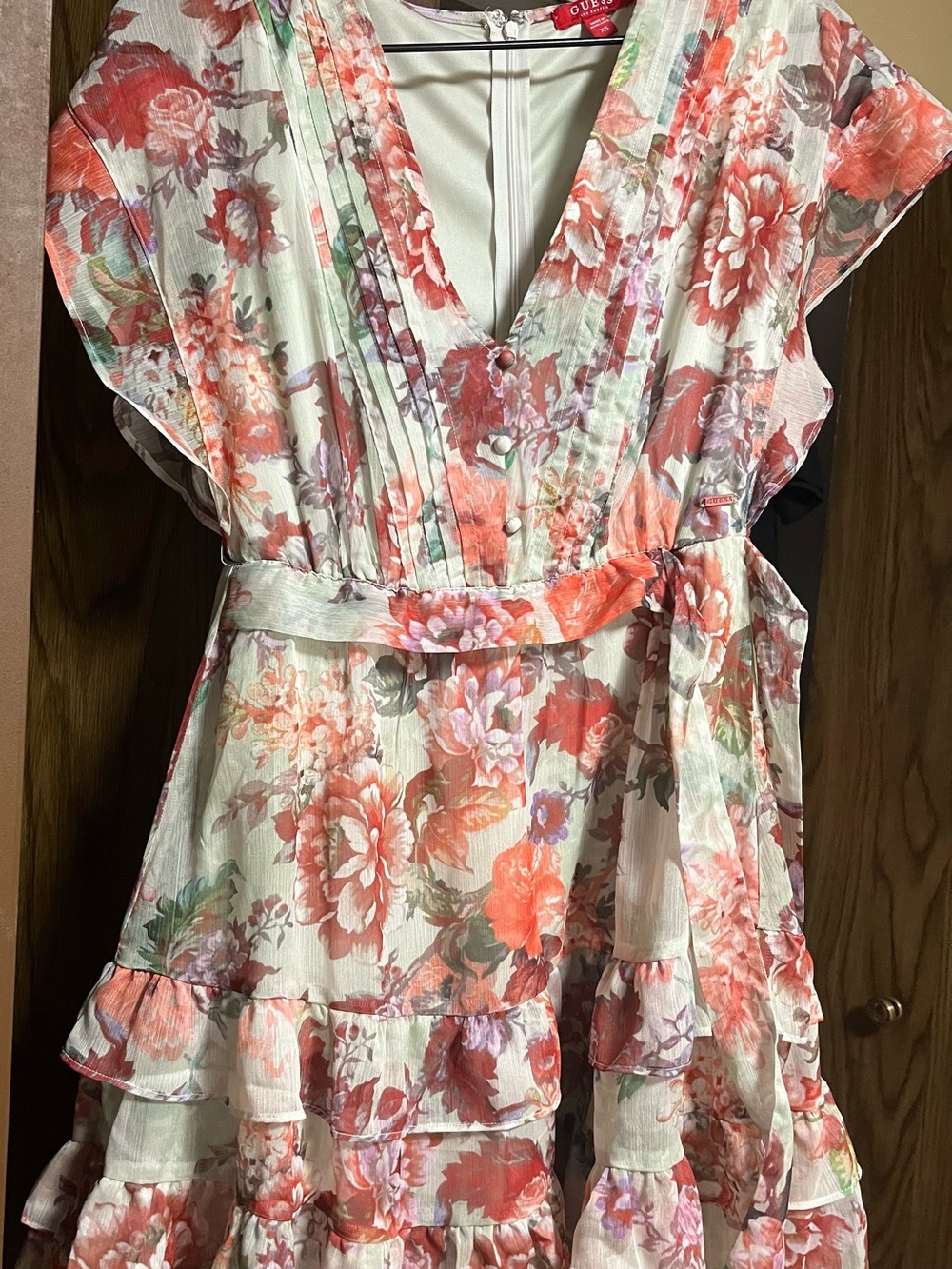 Guess Coral and Cream Floral Ruffle Dress for Girls